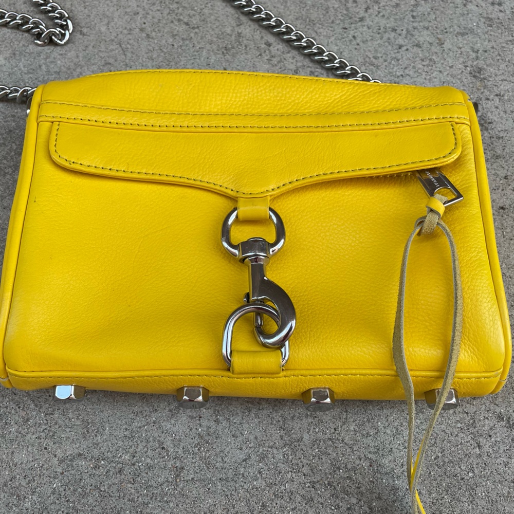 Canary Yellow Leather 5 Zip, Silver Chain Crossbody - Picture 3 of 13